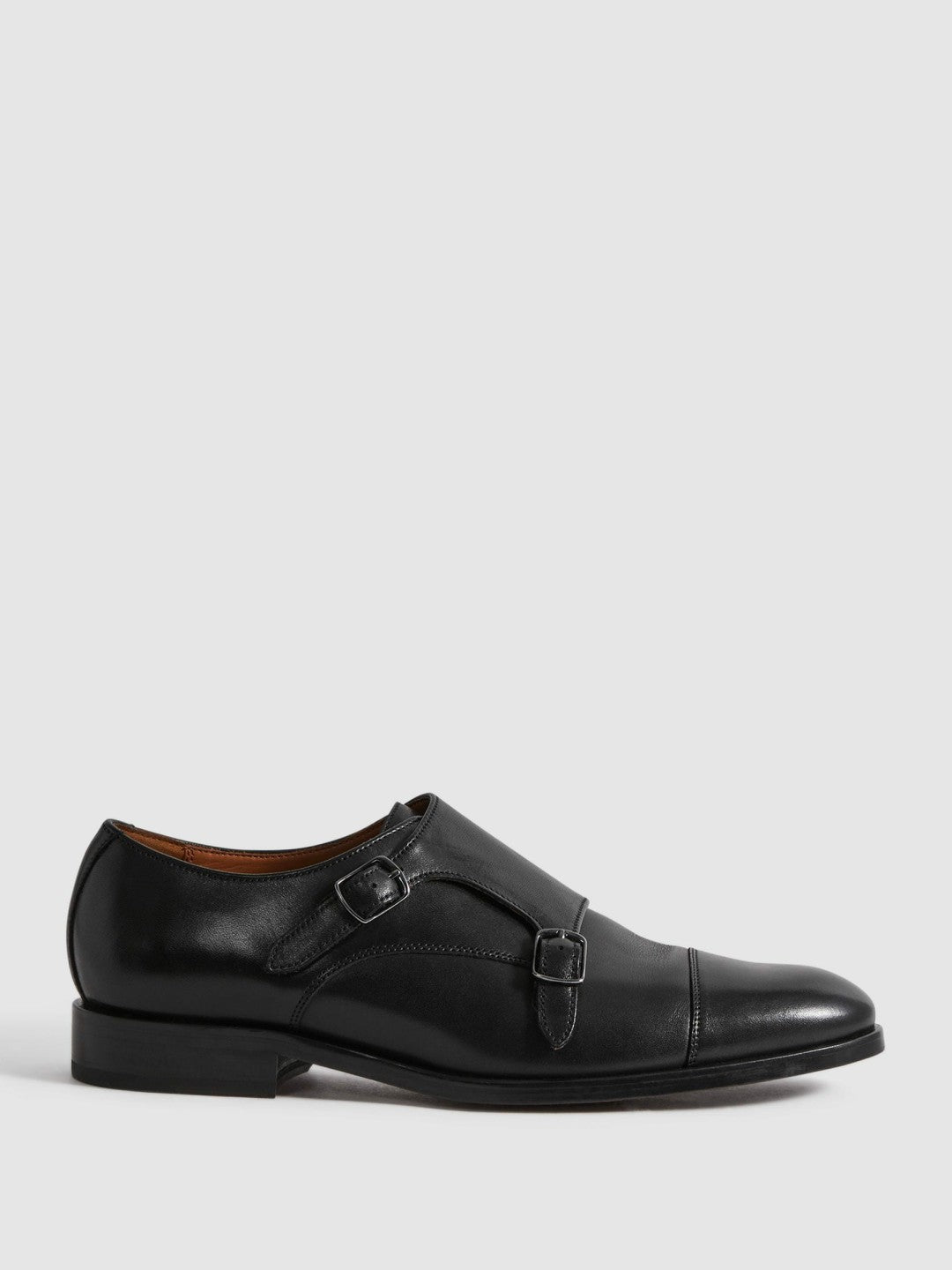 Leather Double Monk Strap Shoes in Black Men | Reiss