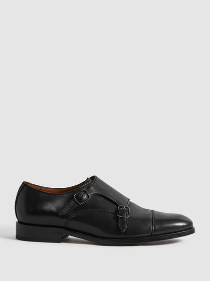 Leather Double Monk Strap Shoes in Black Men | Reiss