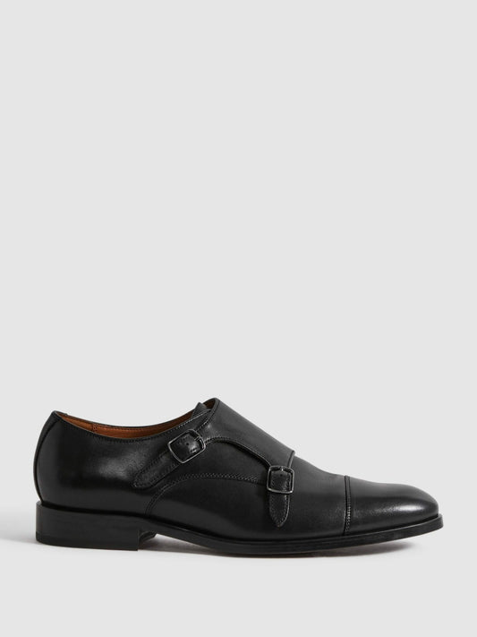 Leather Double Monk Strap Shoes in Black Men | Reiss