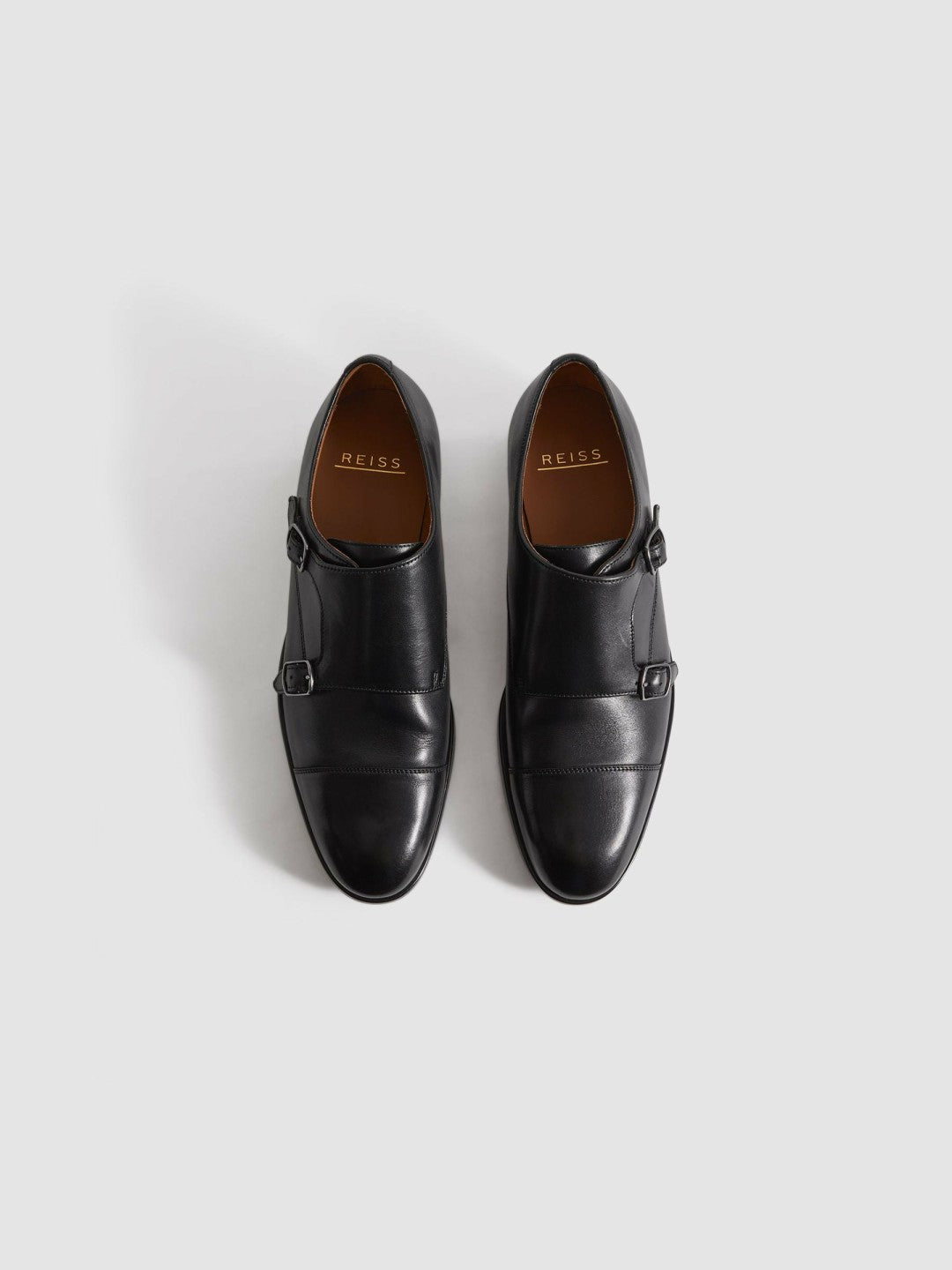 Leather Double Monk Strap Shoes in Black Men | Reiss