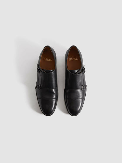 Leather Double Monk Strap Shoes in Black Men | Reiss