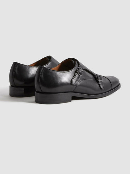 Leather Double Monk Strap Shoes in Black Men | Reiss
