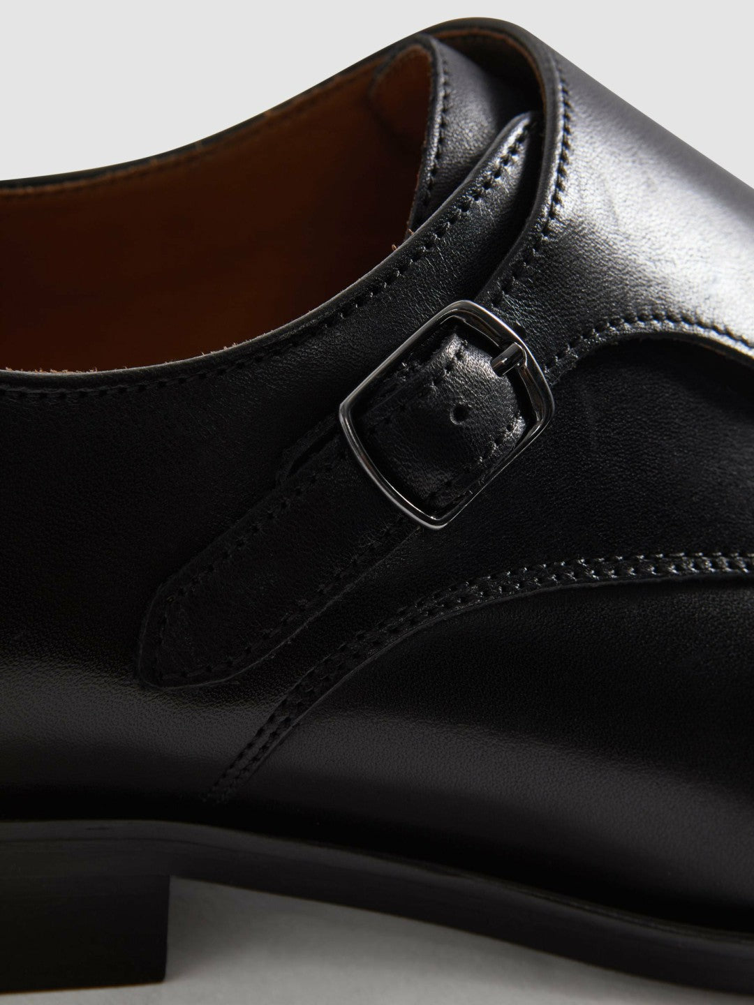 Leather Double Monk Strap Shoes in Black Men | Reiss