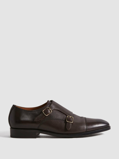 Leather Double Monk Strap Shoes in Dark Brown Men | Reiss