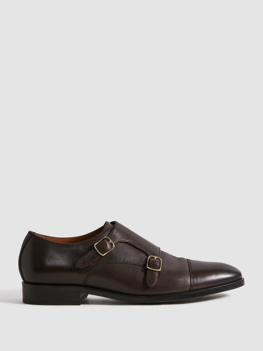 Leather Double Monk Strap Shoes in Dark Brown Men | Reiss
