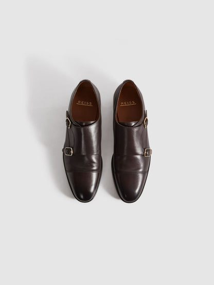 Leather Double Monk Strap Shoes in Dark Brown Men | Reiss