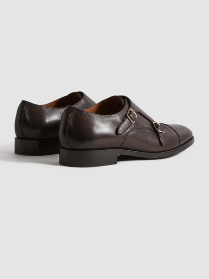 Leather Double Monk Strap Shoes in Dark Brown Men | Reiss