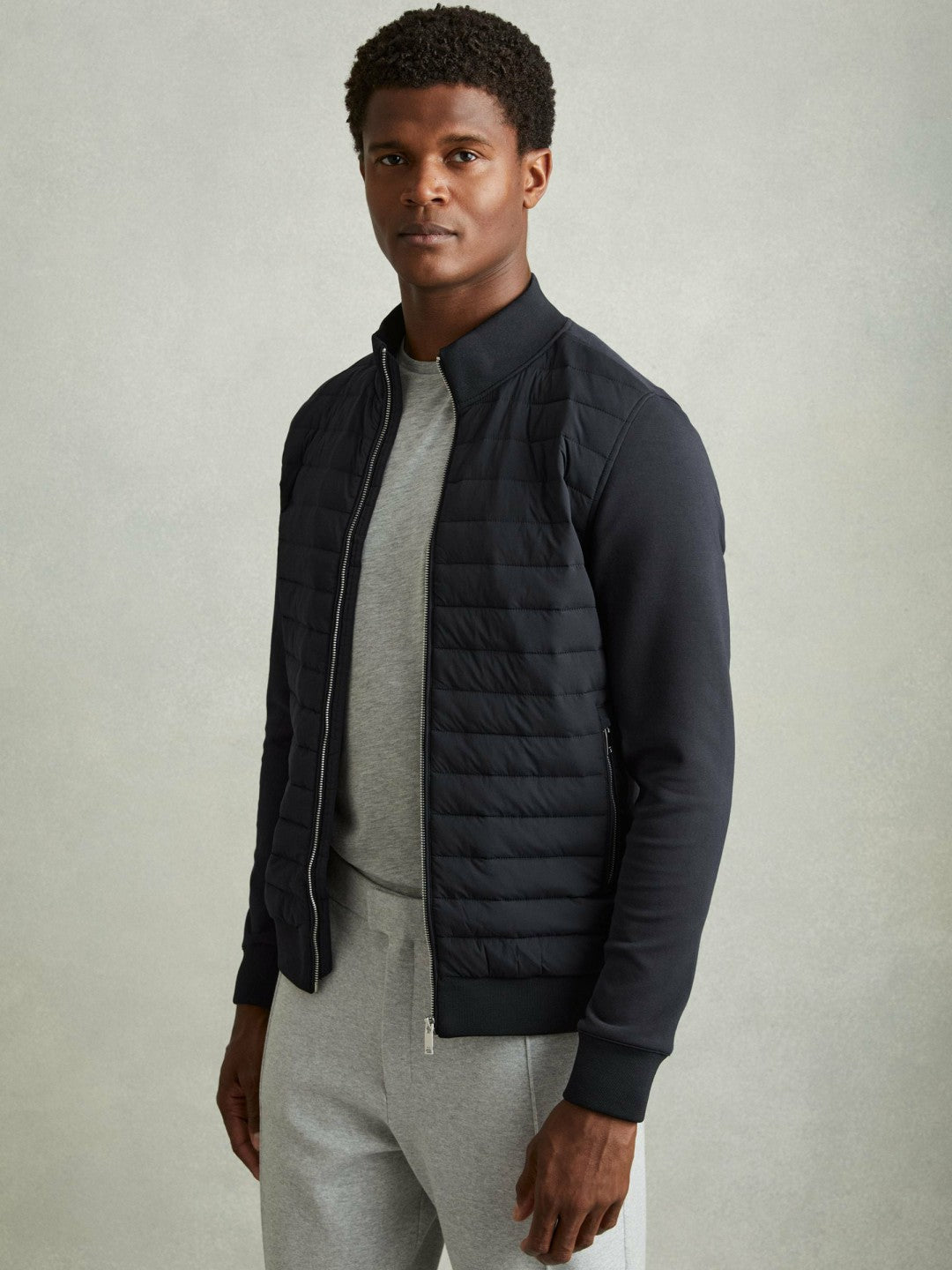 Hybrid Quilt and Knit Zip-Through Jacket in Navy Men | Reiss