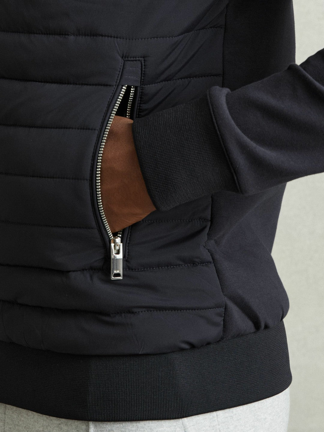 Hybrid Quilt and Knit Zip-Through Jacket in Navy Men | Reiss