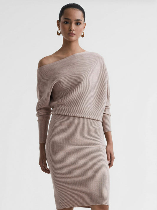Off-The-Shoulder Ribbed Midi Dress in Neutral Women | Reiss