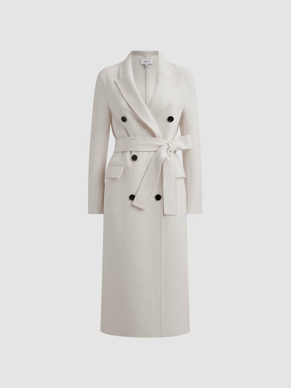 Petite Relaxed Wool Blend Blindseam Belted Coat in Cream Women | Reiss