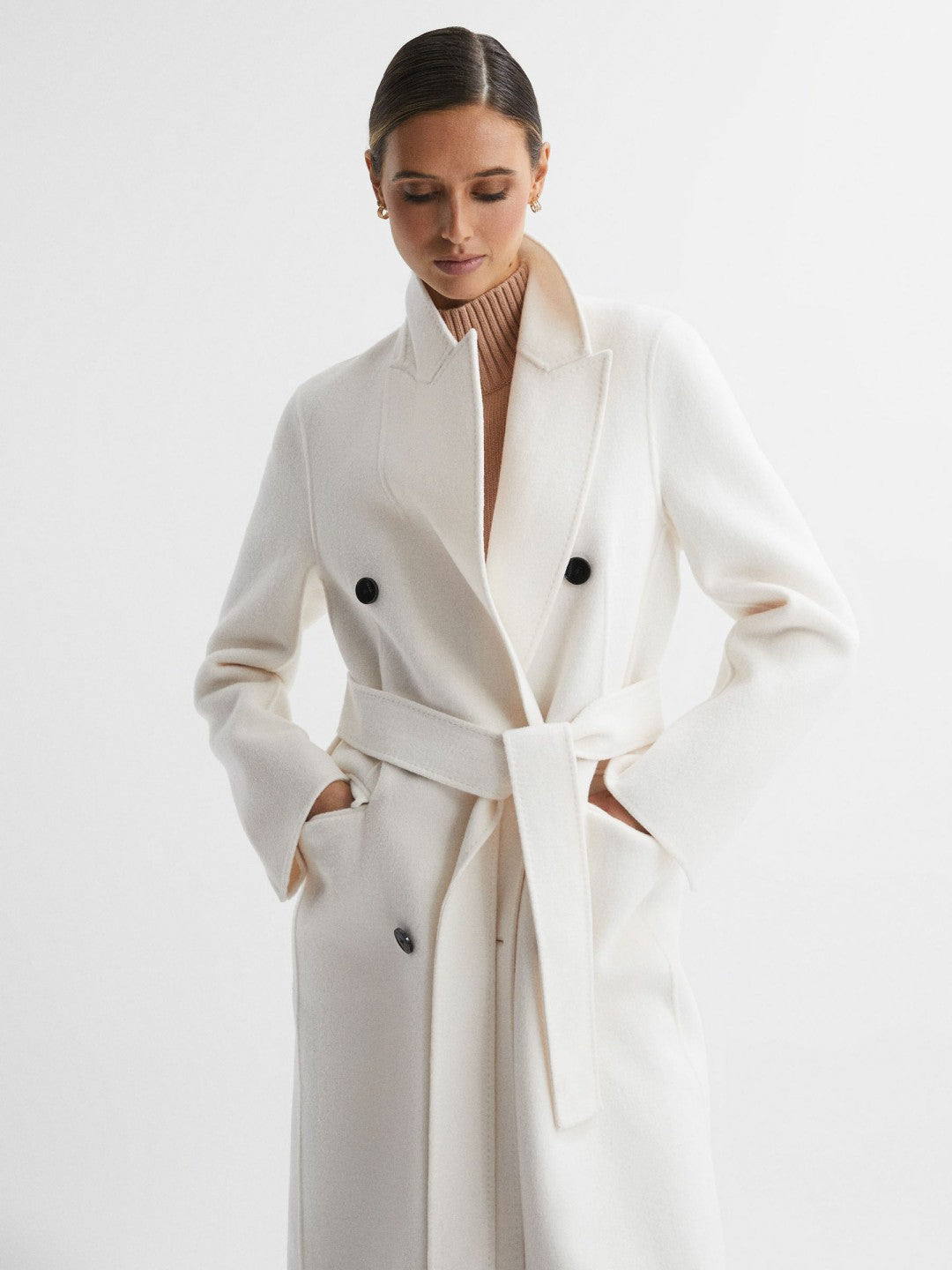 Petite Relaxed Wool Blend Blindseam Belted Coat in Cream Women | Reiss