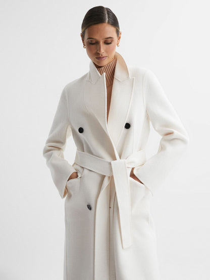 Petite Relaxed Wool Blend Blindseam Belted Coat in Cream Women | Reiss