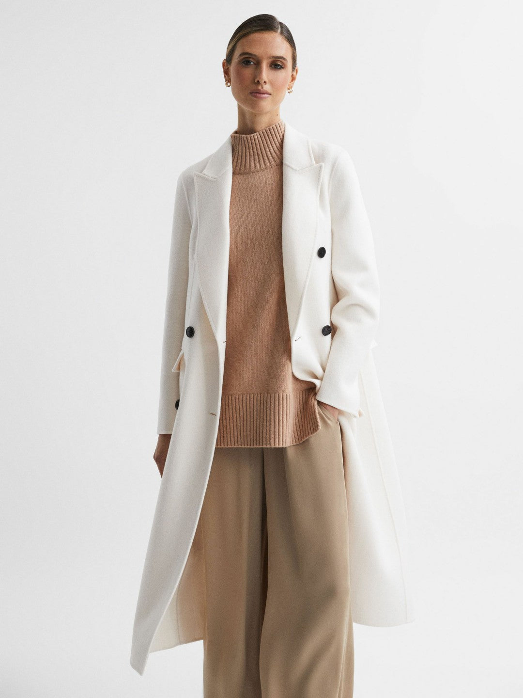 Petite Relaxed Wool Blend Blindseam Belted Coat in Cream Women | Reiss
