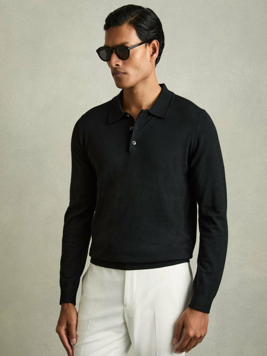 Merino Wool Polo Shirt in Black Men | Reiss