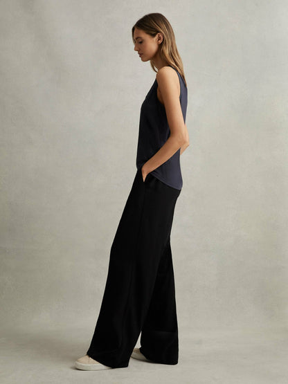 Petite Half-Elasticated Wide Leg Trousers in Black Women | Reiss