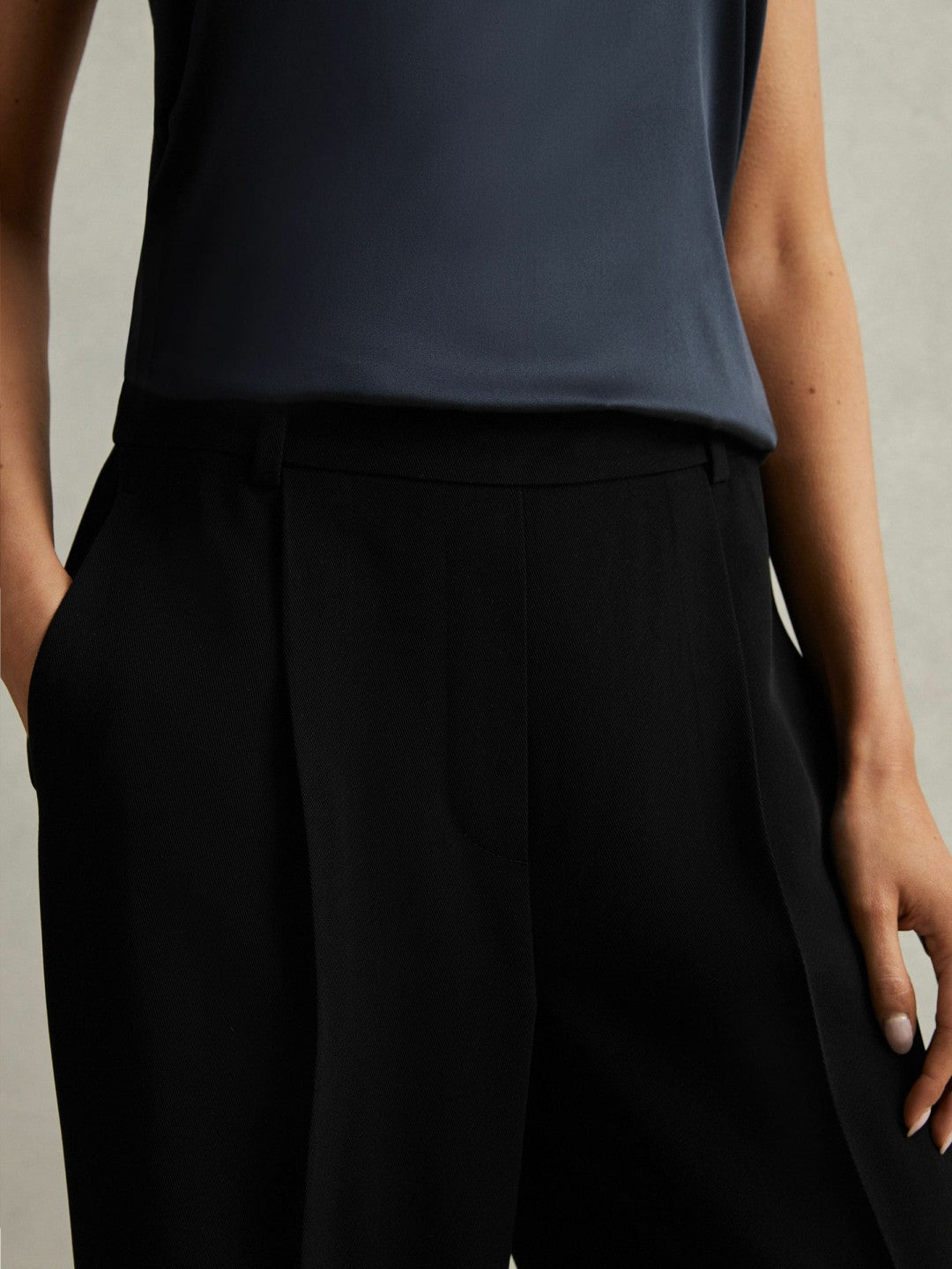 Petite Half-Elasticated Wide Leg Trousers in Black Women | Reiss
