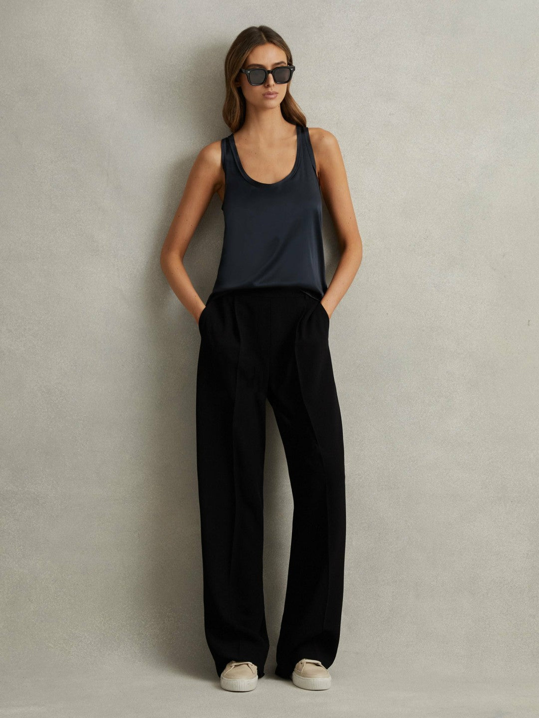 Petite Half-Elasticated Wide Leg Trousers in Black Women | Reiss
