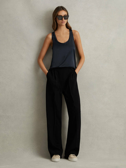 Petite Half-Elasticated Wide Leg Trousers in Black Women | Reiss