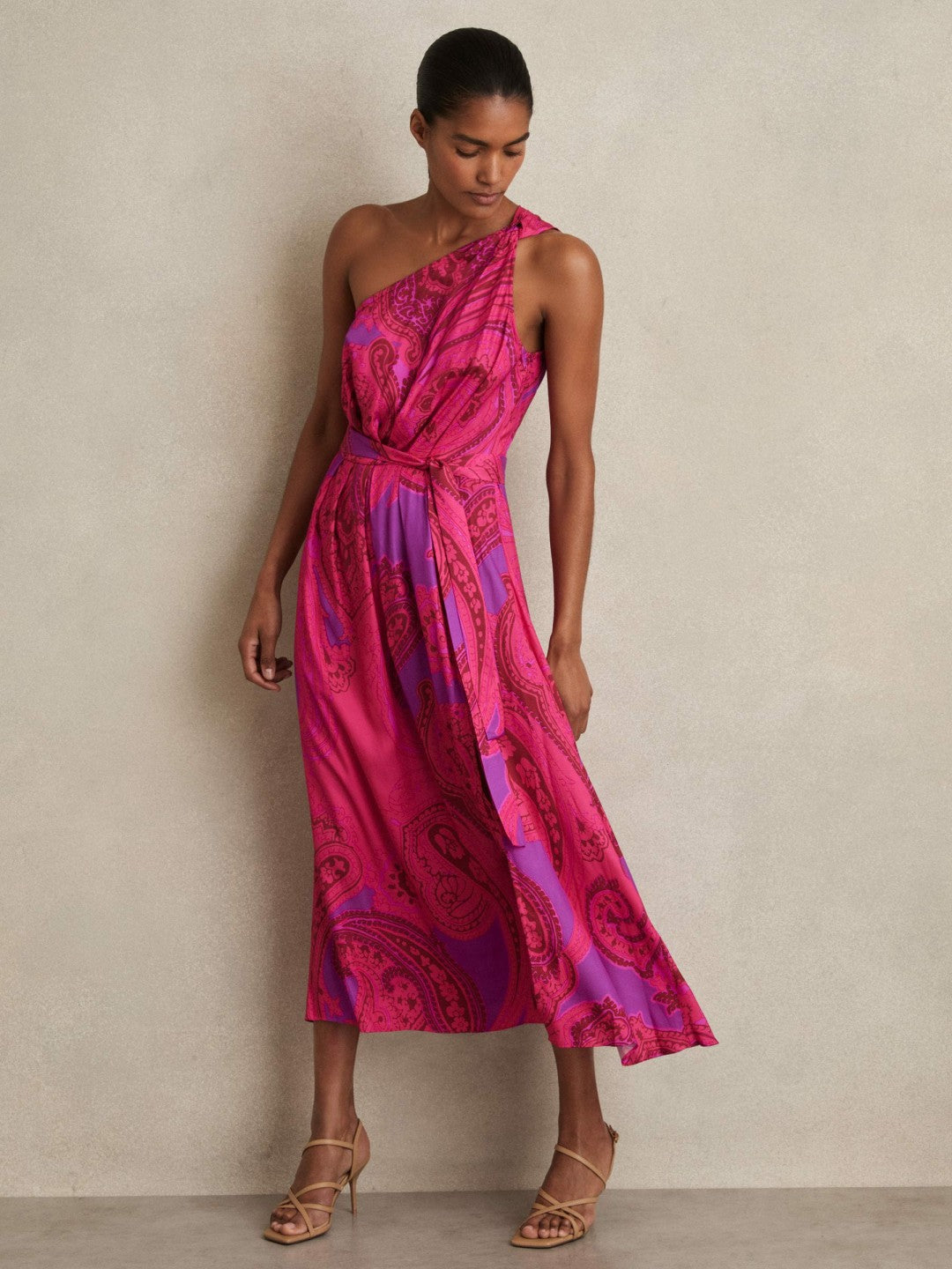 Paisley-Print One-Shoulder Midi Dress in Pink Women | Reiss