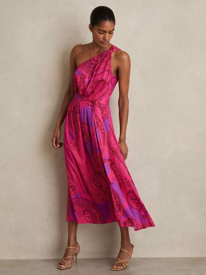 Paisley-Print One-Shoulder Midi Dress in Pink Women | Reiss