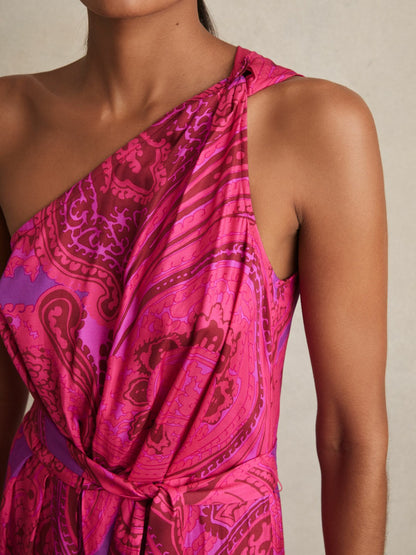 Paisley-Print One-Shoulder Midi Dress in Pink Women | Reiss