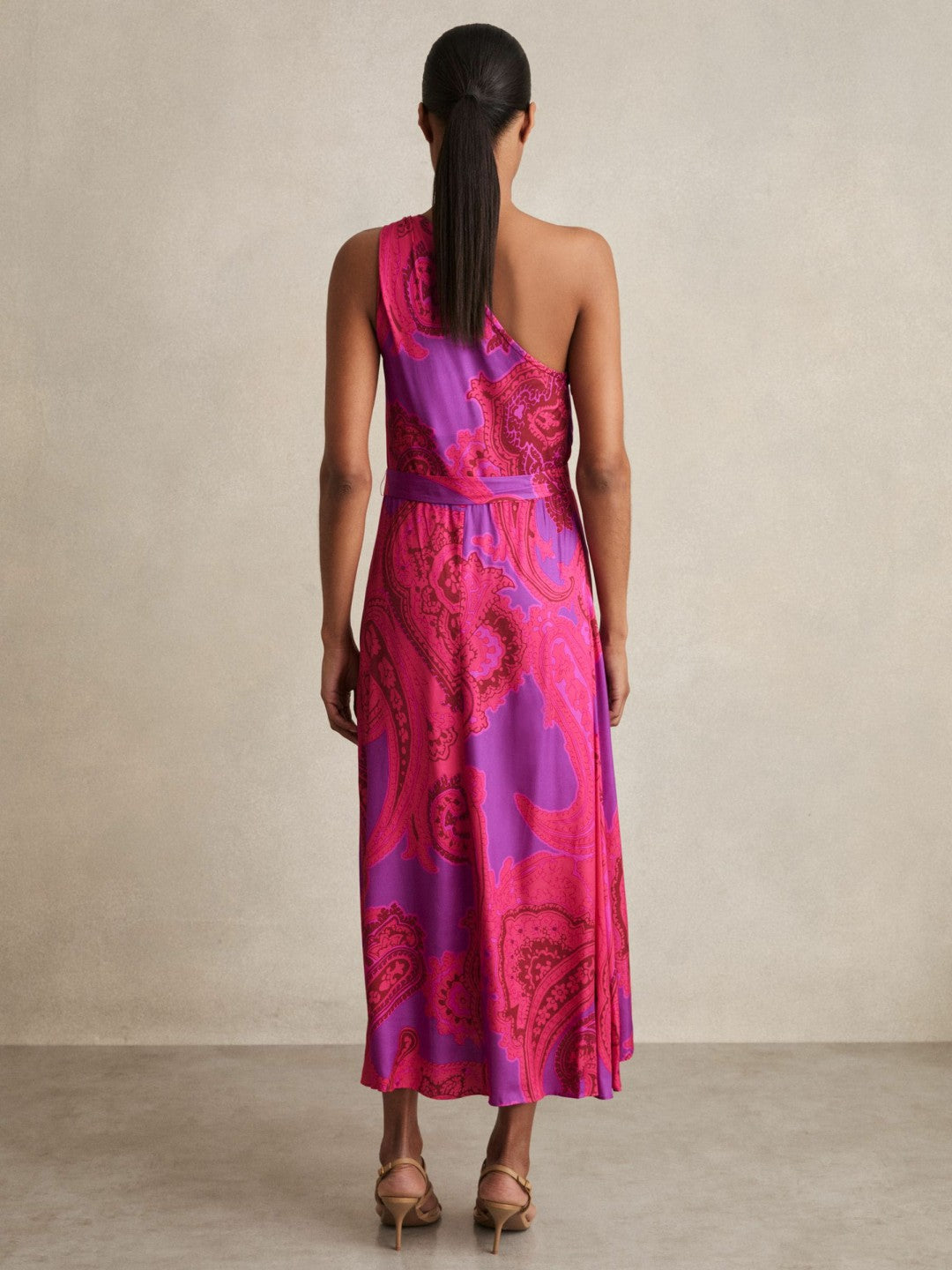 Paisley-Print One-Shoulder Midi Dress in Pink Women | Reiss