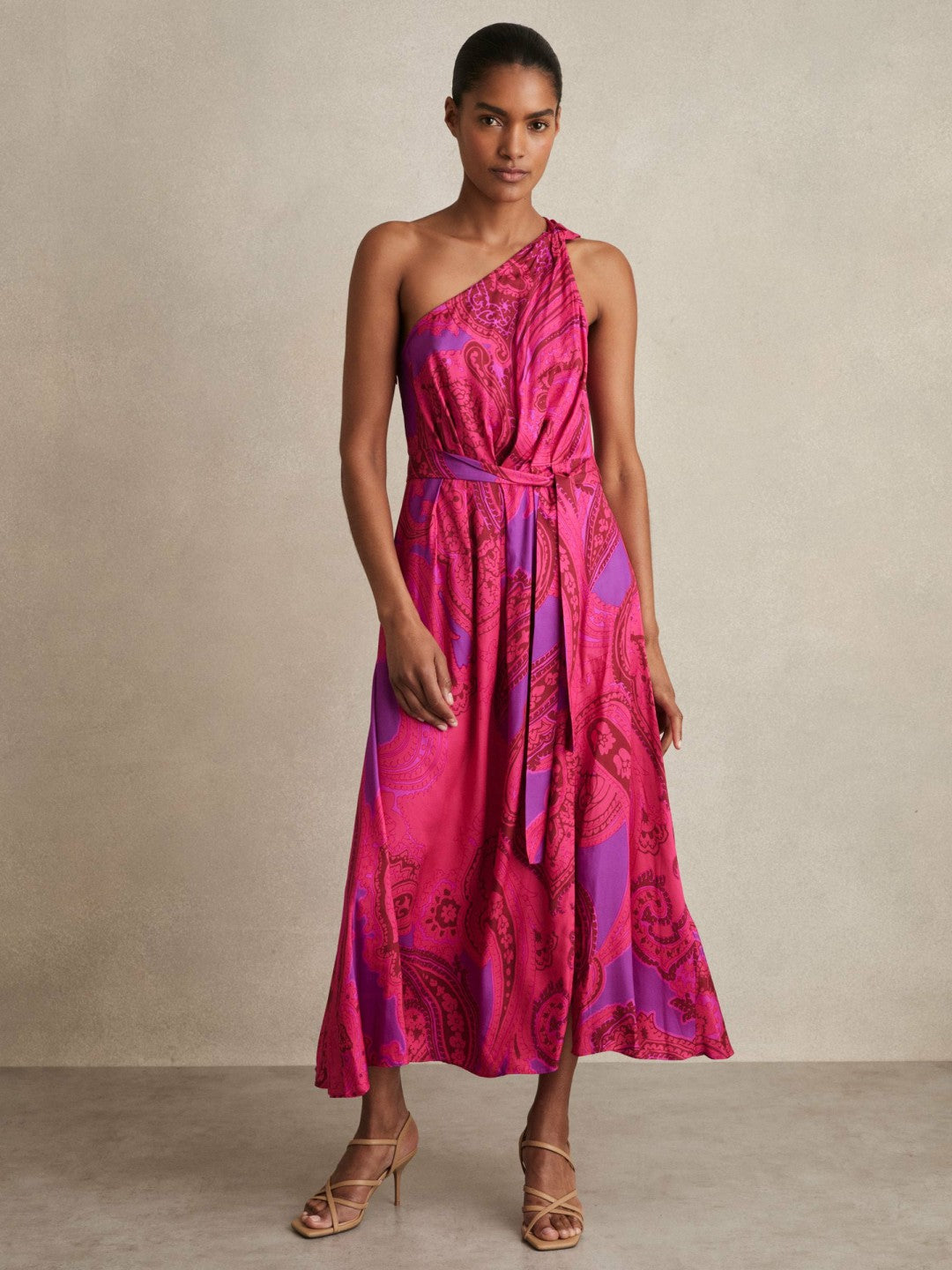 Paisley-Print One-Shoulder Midi Dress in Pink Women | Reiss