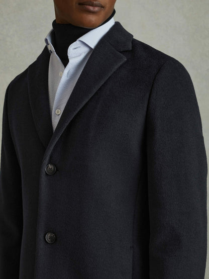 Wool Blend Single Breasted Epsom Overcoat in Navy Men | Reiss