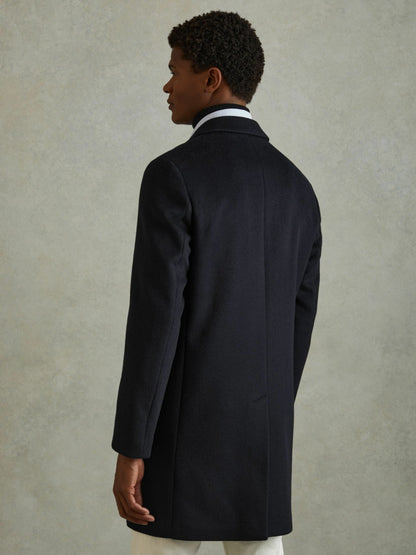 Wool Blend Single Breasted Epsom Overcoat in Navy Men | Reiss