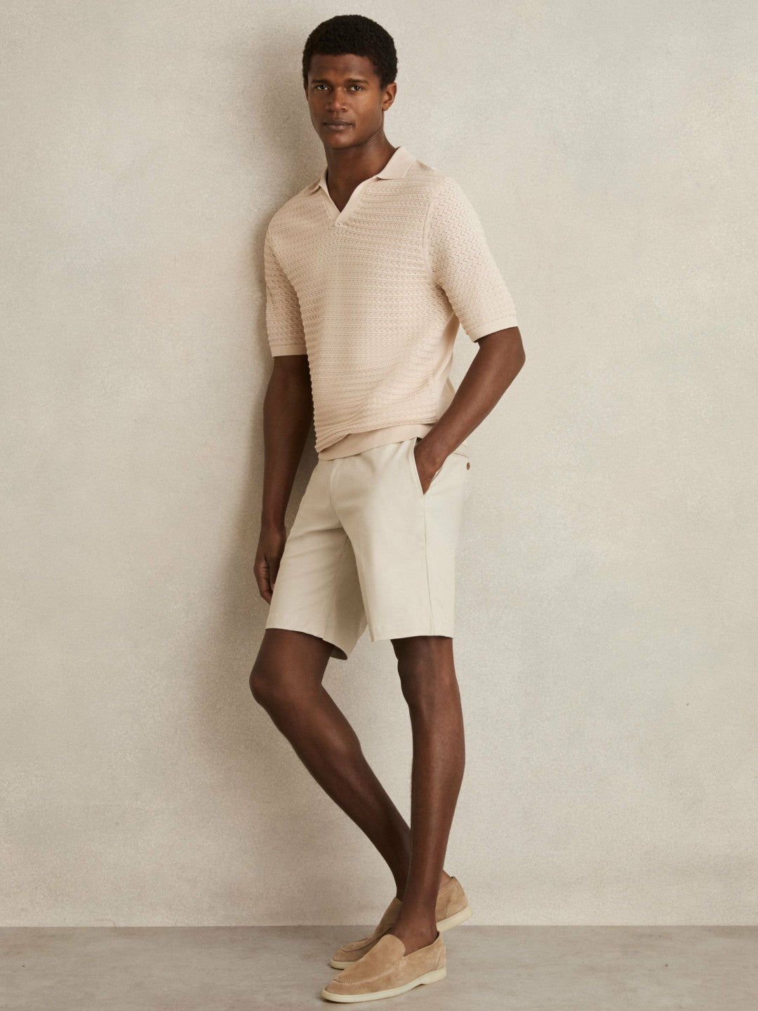 Pointelle Open-Collar Polo Shirt in Stone Men | Reiss