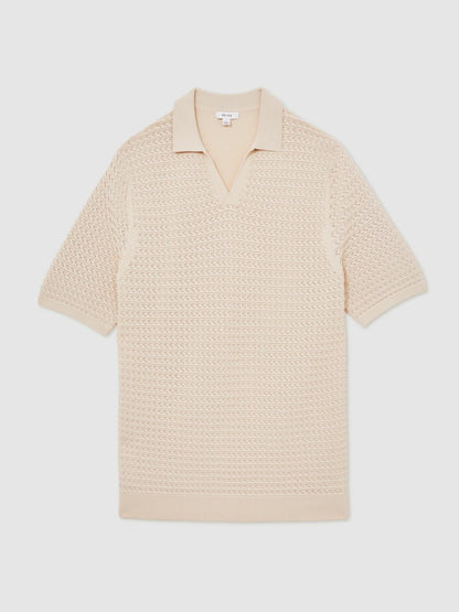 Pointelle Open-Collar Polo Shirt in Stone Men | Reiss