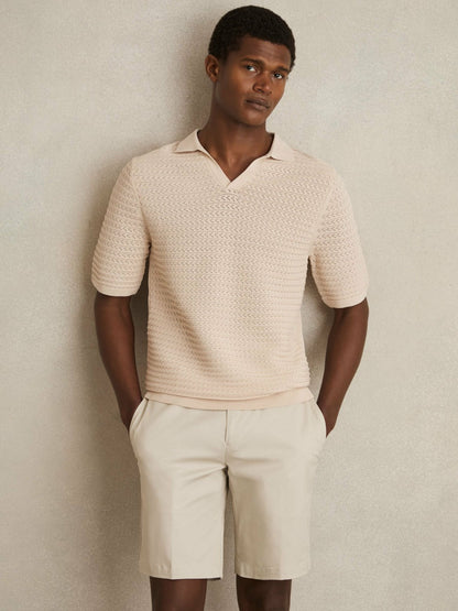 Pointelle Open-Collar Polo Shirt in Stone Men | Reiss