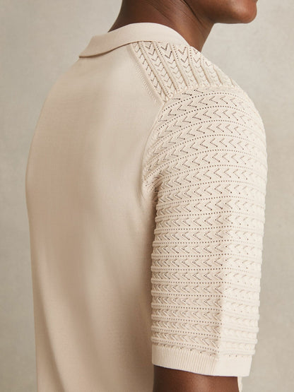 Pointelle Open-Collar Polo Shirt in Stone Men | Reiss