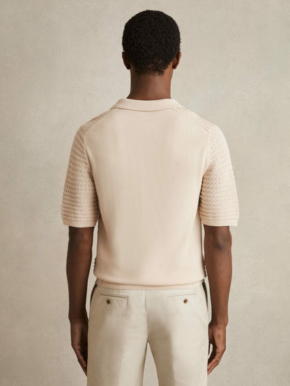 Pointelle Open-Collar Polo Shirt in Stone Men | Reiss