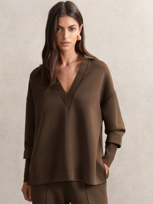 Interlock Open-Collar Sweatshirt in Chocolate Women | Reiss
