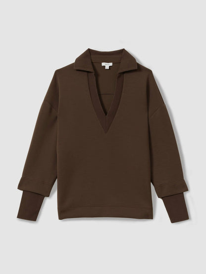 Interlock Open-Collar Sweatshirt in Chocolate Women | Reiss