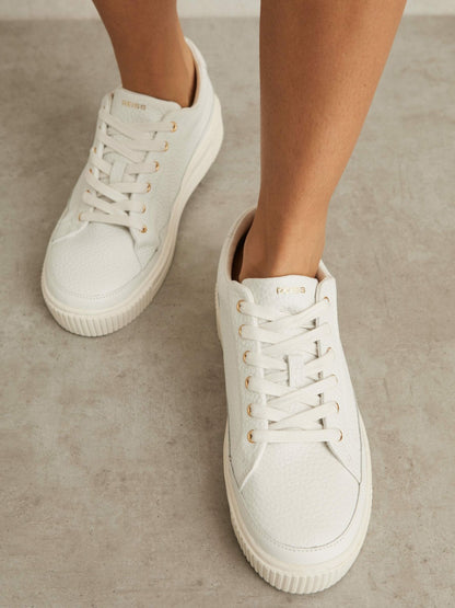 Grained Leather Platform Trainers in White Women | Reiss