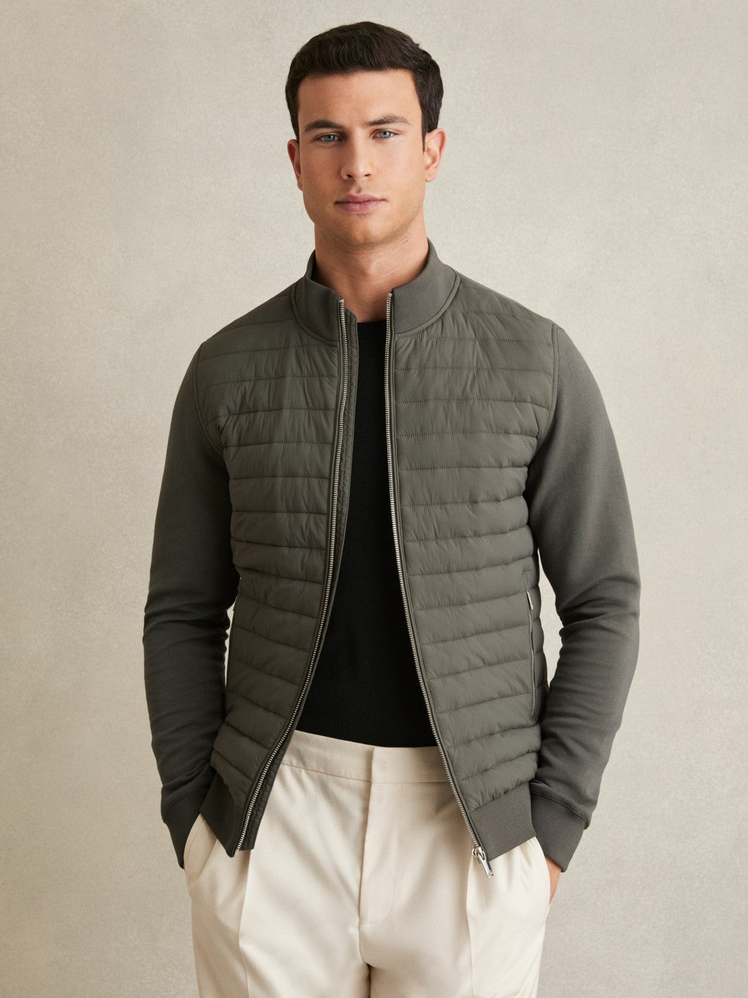 Hybrid Quilt and Knit Zip-Through Jacket in Sage Men | Reiss