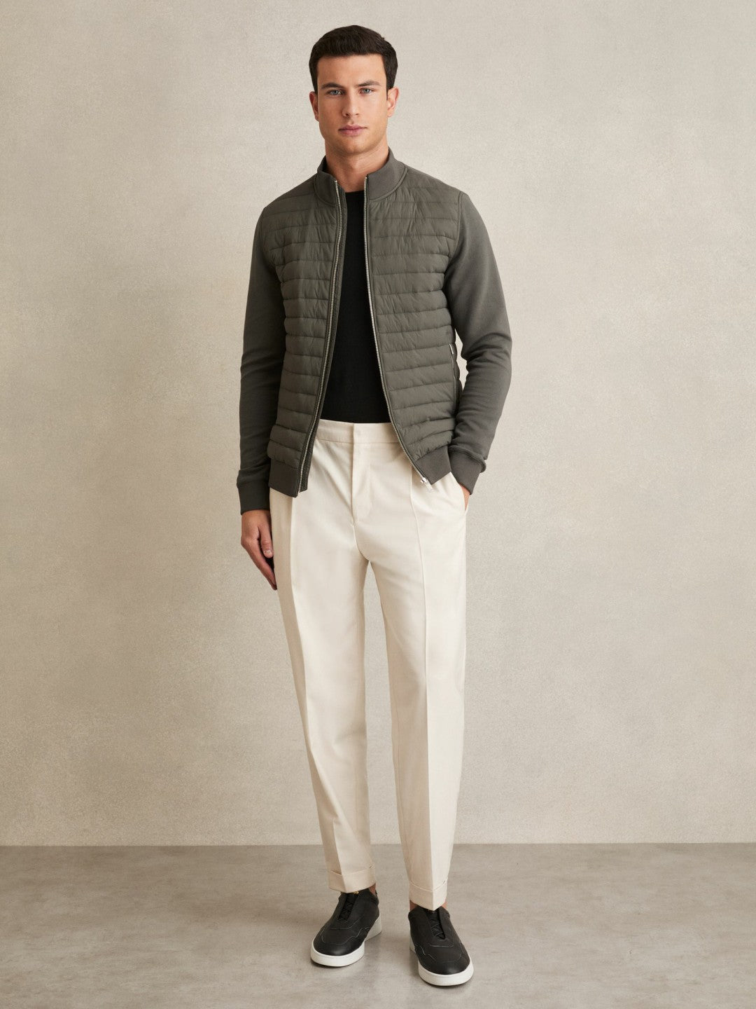 Hybrid Quilt and Knit Zip-Through Jacket in Sage Men | Reiss