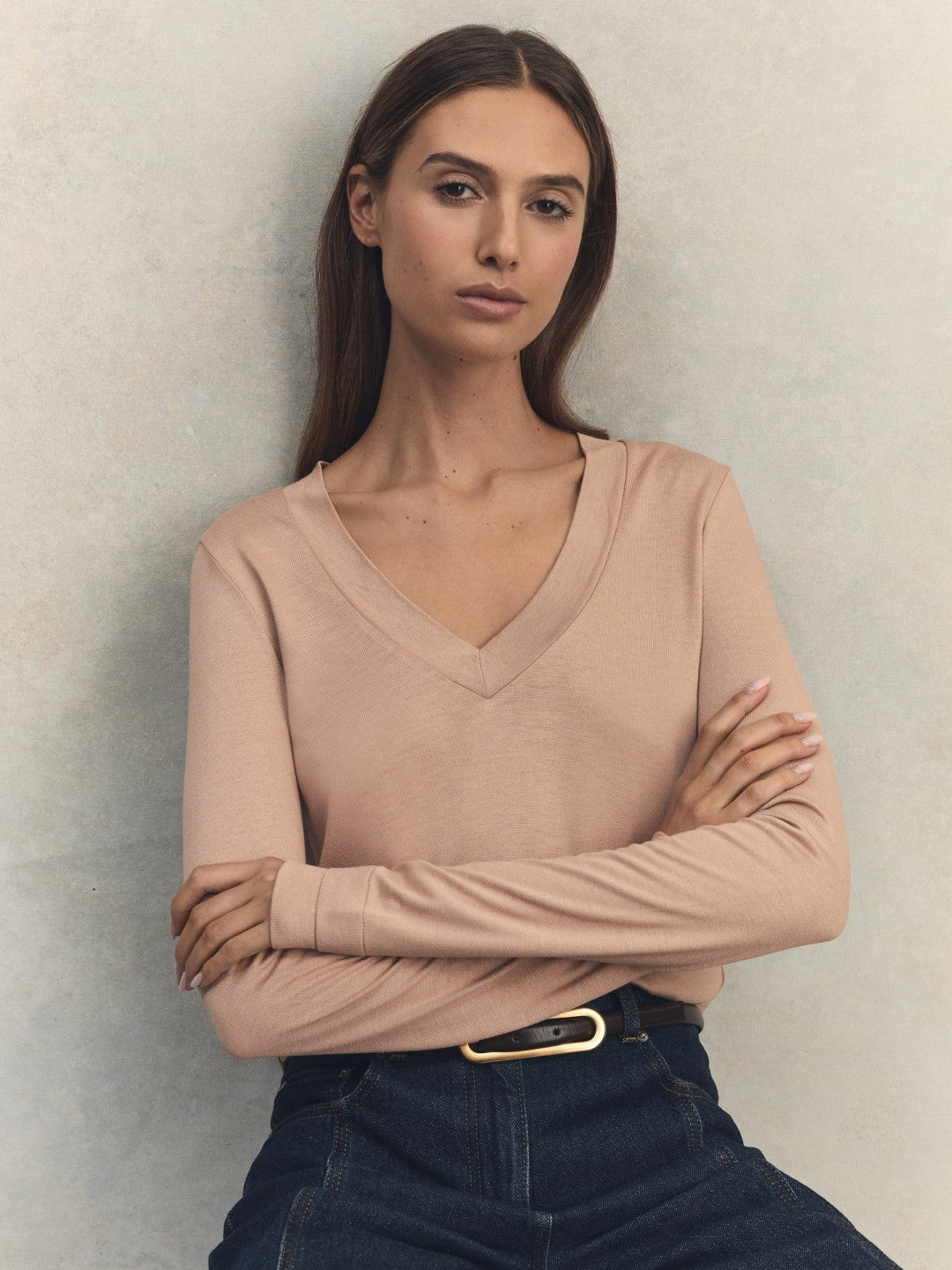 Jersey V-Neck Top in Camel Women | Reiss