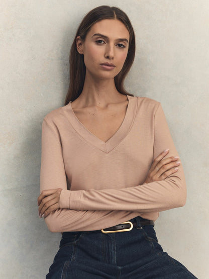 Jersey V-Neck Top in Camel Women | Reiss