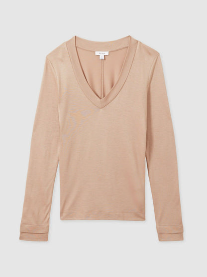 Jersey V-Neck Top in Camel Women | Reiss
