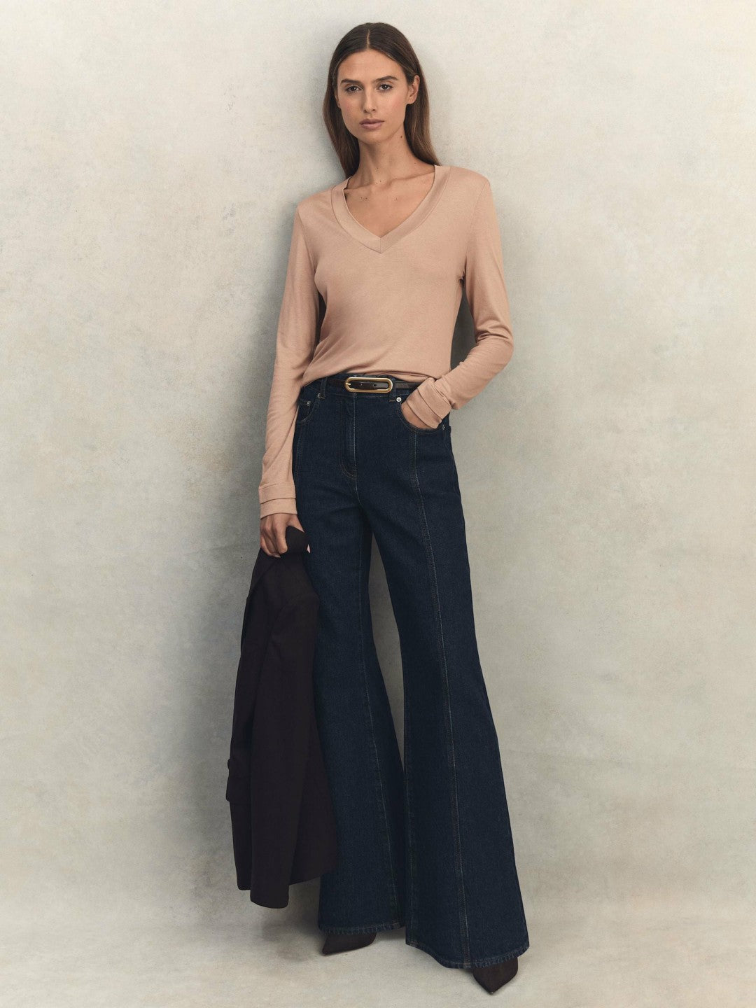 Jersey V-Neck Top in Camel Women | Reiss
