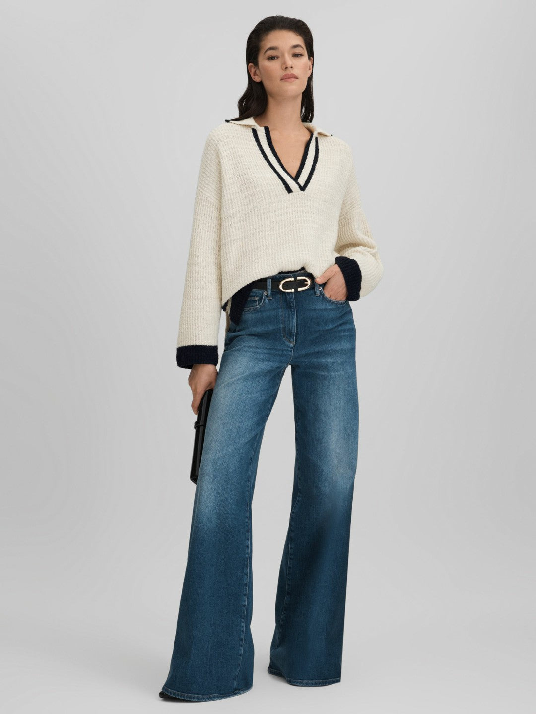 Wool Blend Open Collar Jumper in Cream/Navy Women | Reiss