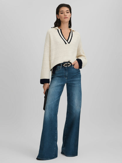 Wool Blend Open Collar Jumper in Cream/Navy Women | Reiss