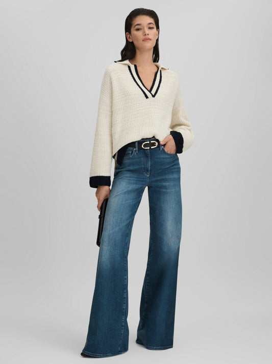 Wool Blend Open Collar Jumper in Cream/Navy Women | Reiss