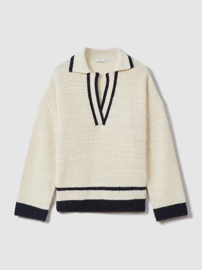 Wool Blend Open Collar Jumper in Cream/Navy Women | Reiss