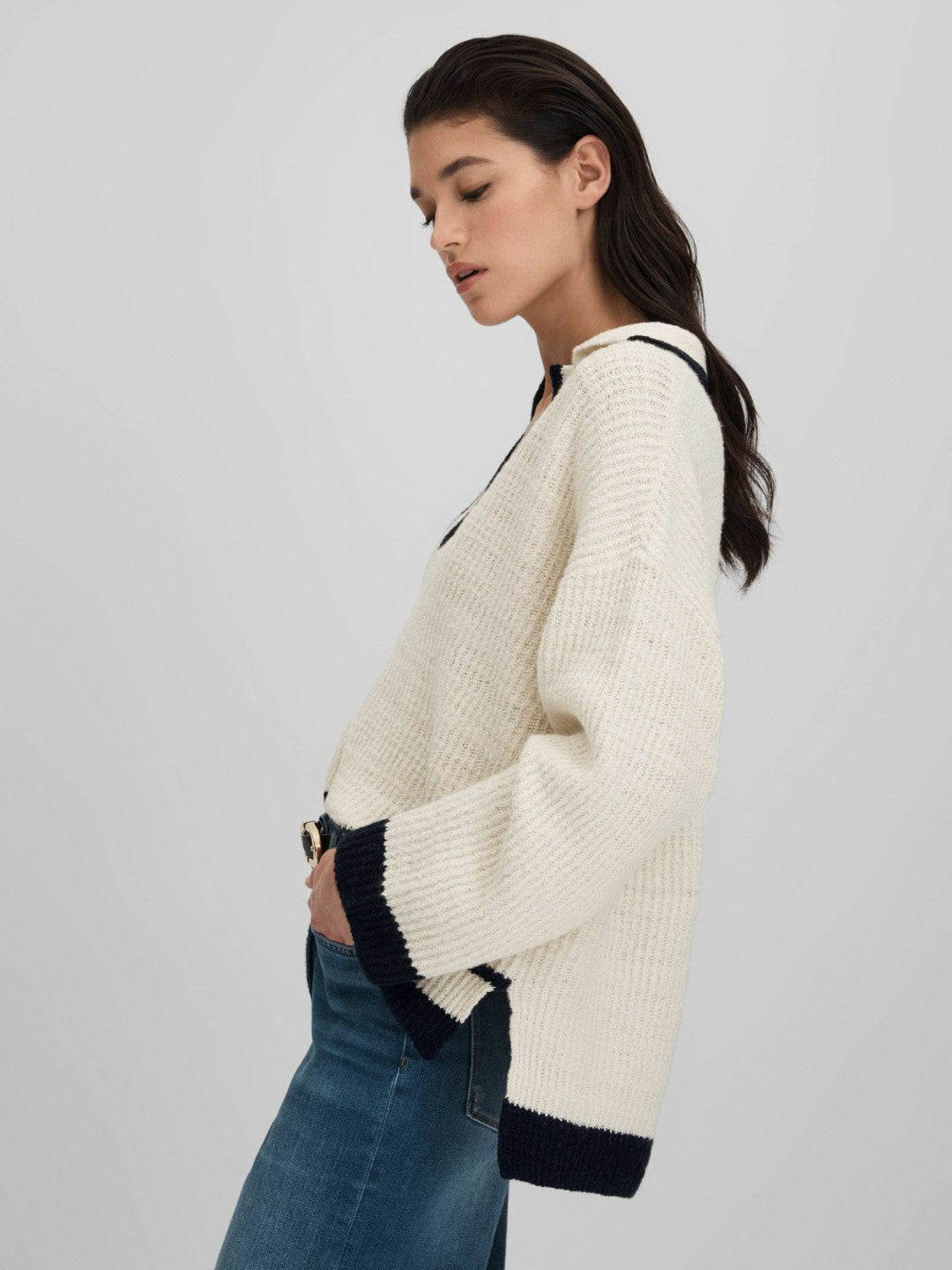 Wool Blend Open Collar Jumper in Cream/Navy Women | Reiss
