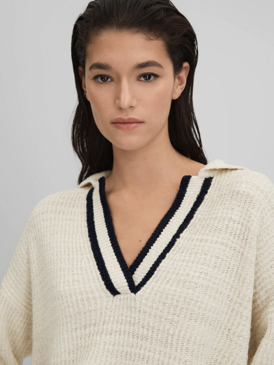 Wool Blend Open Collar Jumper in Cream/Navy Women | Reiss